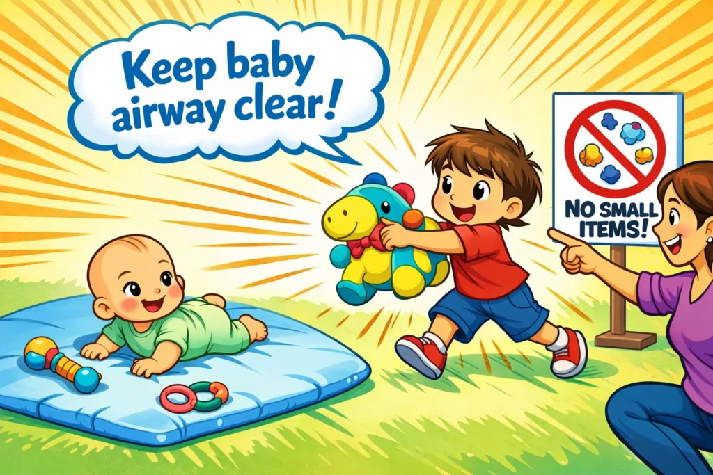 Choking and suffocation prevention when toddler helps near baby.