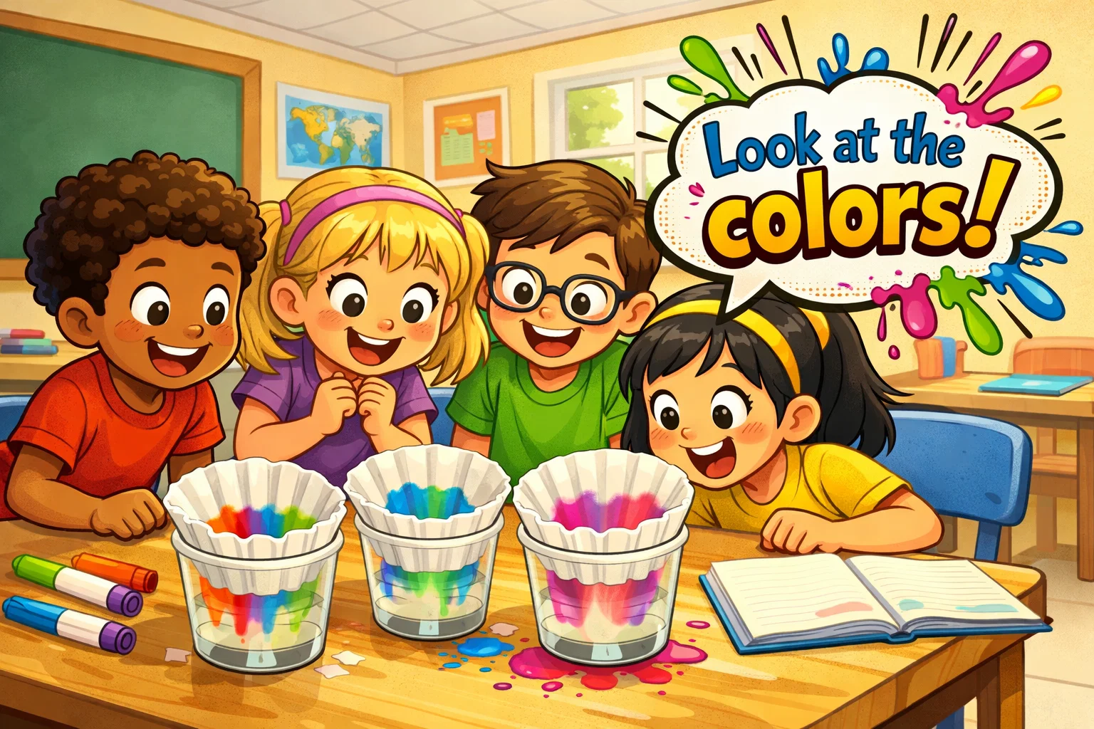 Cartoon kids watching colorful ink spread on coffee filters during a chromatography science experiment.