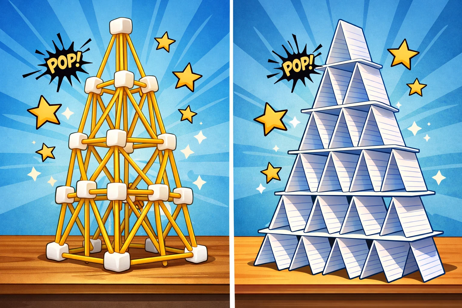 A playful cartoon showing spaghetti and index card towers standing tall and stable in a classroom. A playful cartoon showing spaghetti and index card towers standing tall and stable in a classroom.