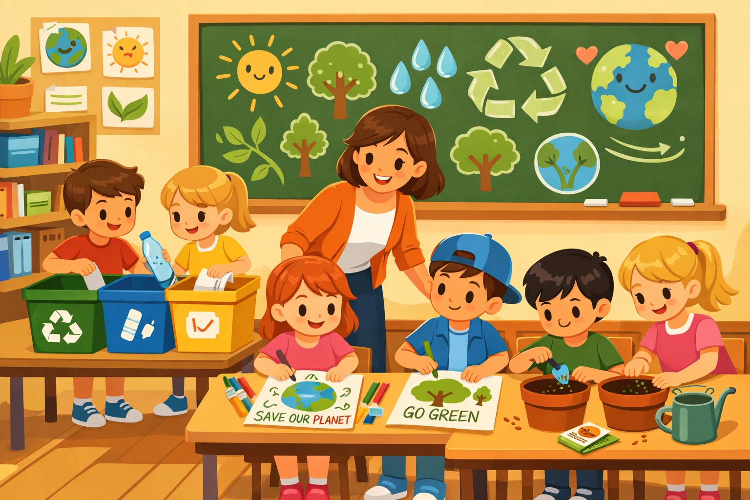Classroom sustainability activities for kids with recycling bins and plant growing projects.