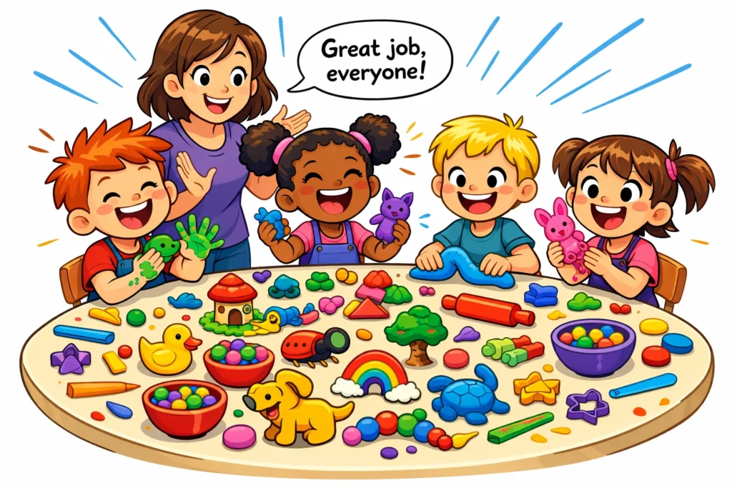 Clay activities for kids showing creative play with colorful clay projects.