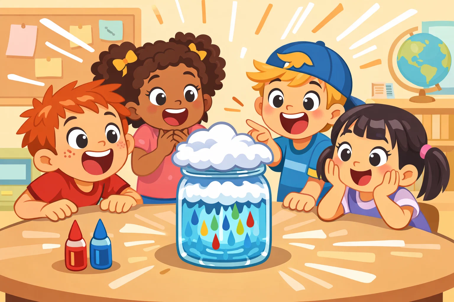 Cloud in jar experiment for kids showing rain clouds forming inside a glass jar.