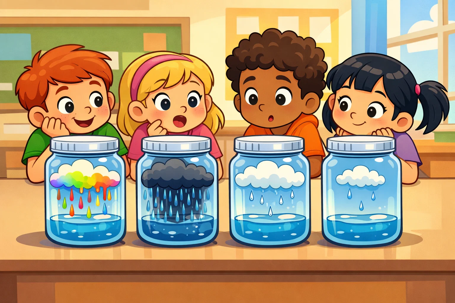 Cloud in jar experiment variations with different colors and rain effects.