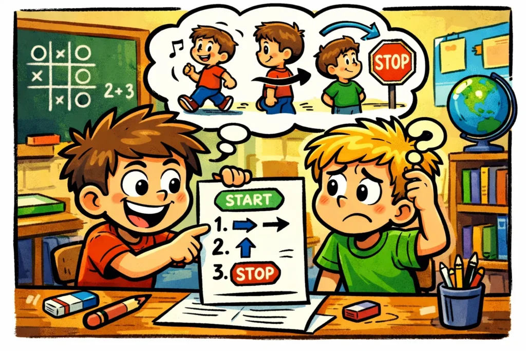 Coding free algorithm explained for kids using paper steps and visual logic cues.
