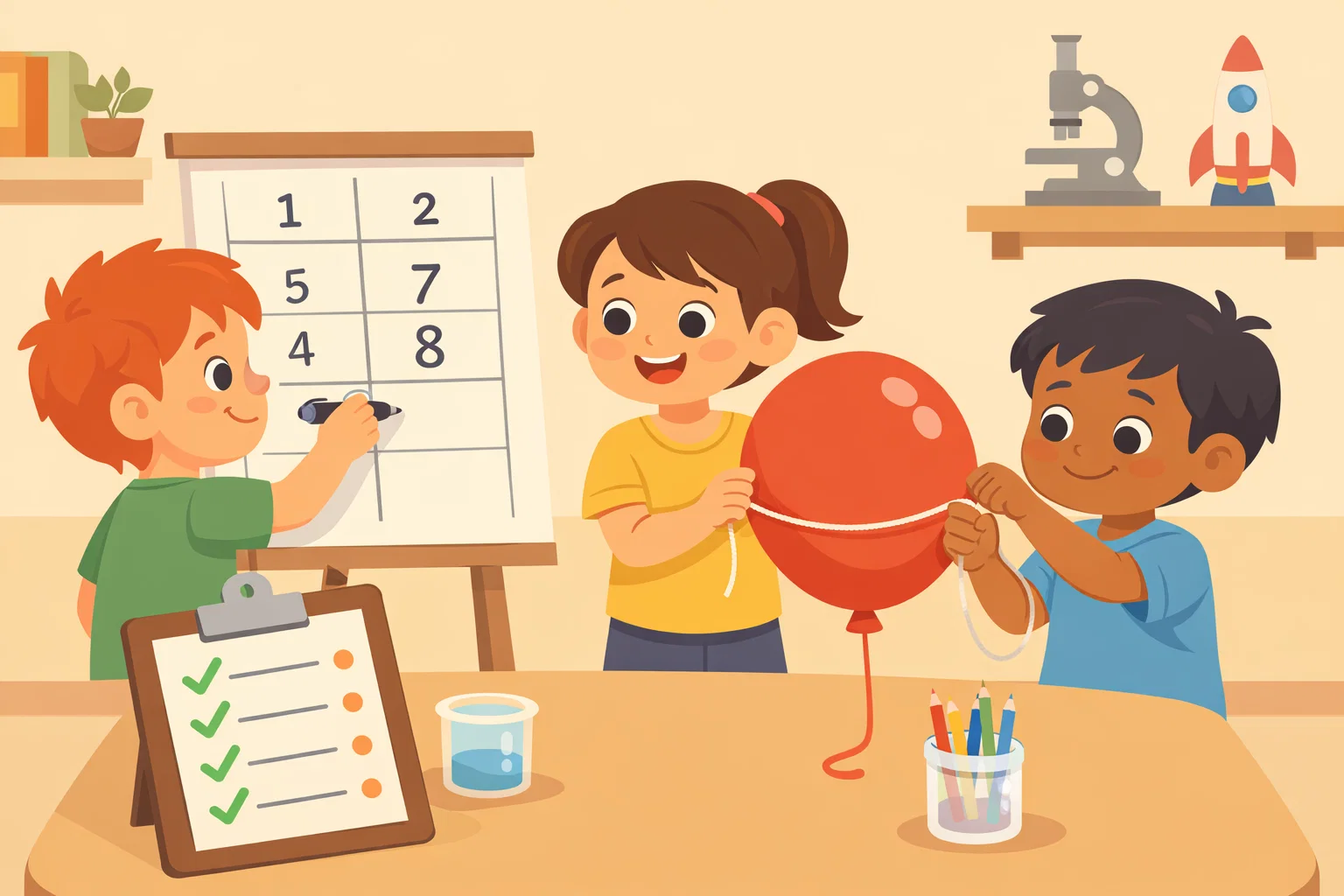 Collecting lung capacity data kids measuring balloon size and writing results.