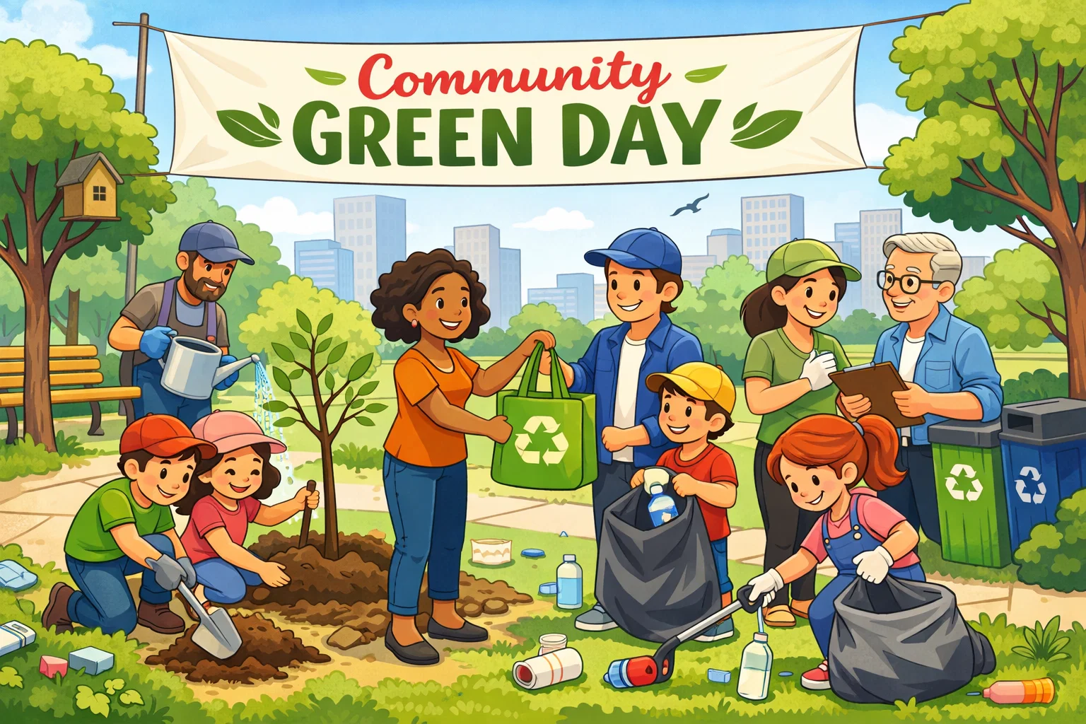 Community sustainability activities for kids with families planting trees and cleaning local parks.