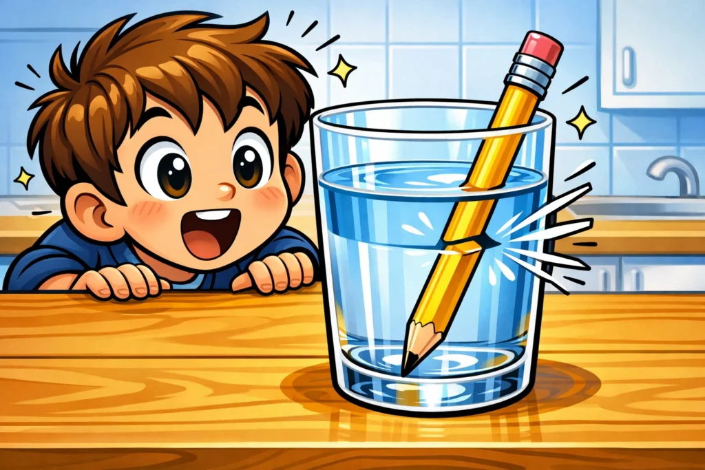 A playful cartoon child amazed by a pencil bending in water and a rainbow projected on a wall.