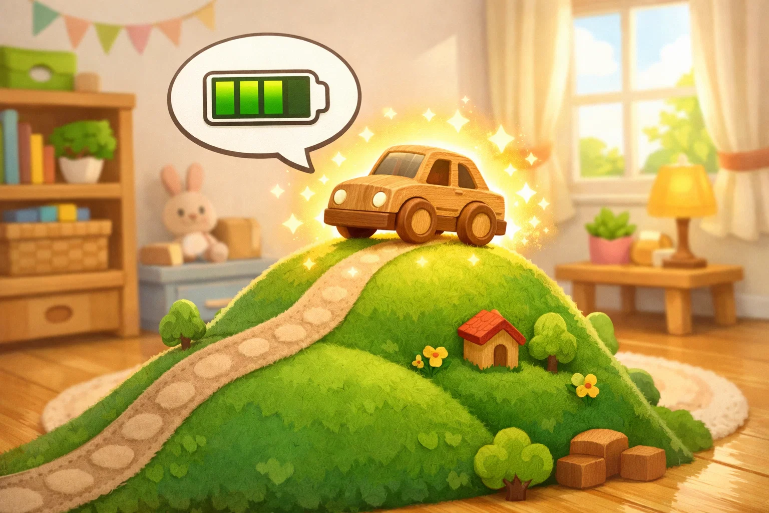 Cartoon of a toy car on a hill with a glowing aura and a battery icon in a speech bubble. Cartoon of a toy car on a hill with a glowing aura and a battery icon in a speech bubble.