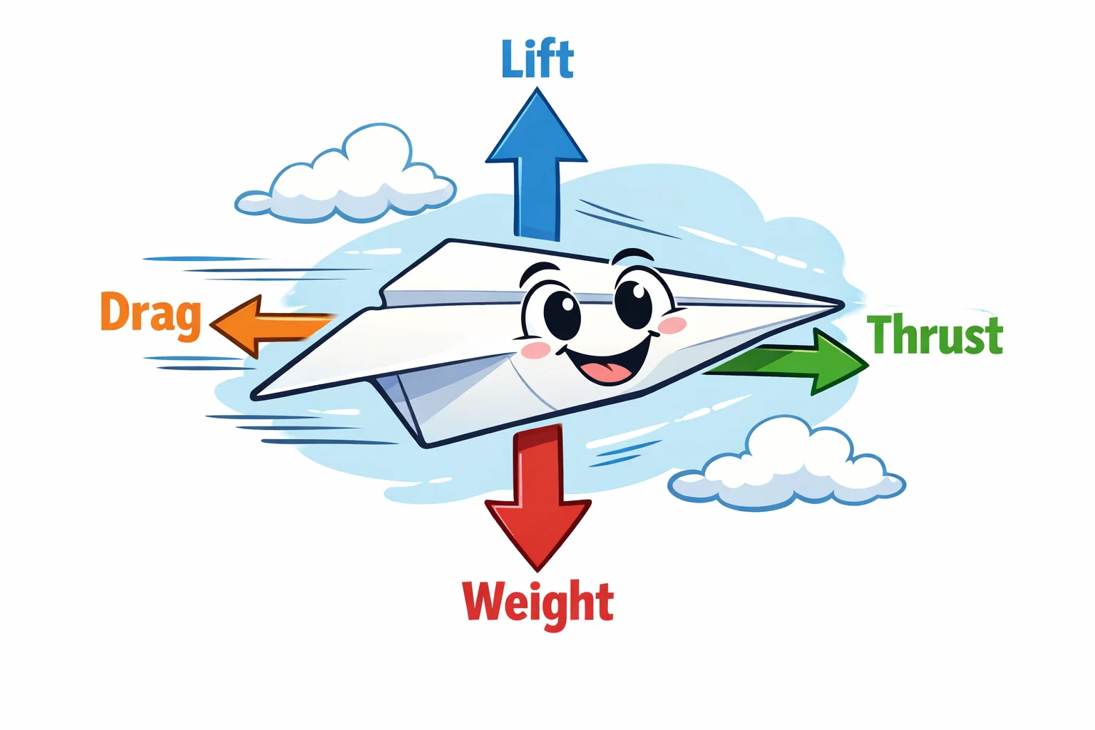 Cartoon paper airplane showing four directional arrows for lift, weight, thrust, and drag in a comic style. Cartoon paper airplane showing four directional arrows for lift, weight, thrust, and drag in a comic style.