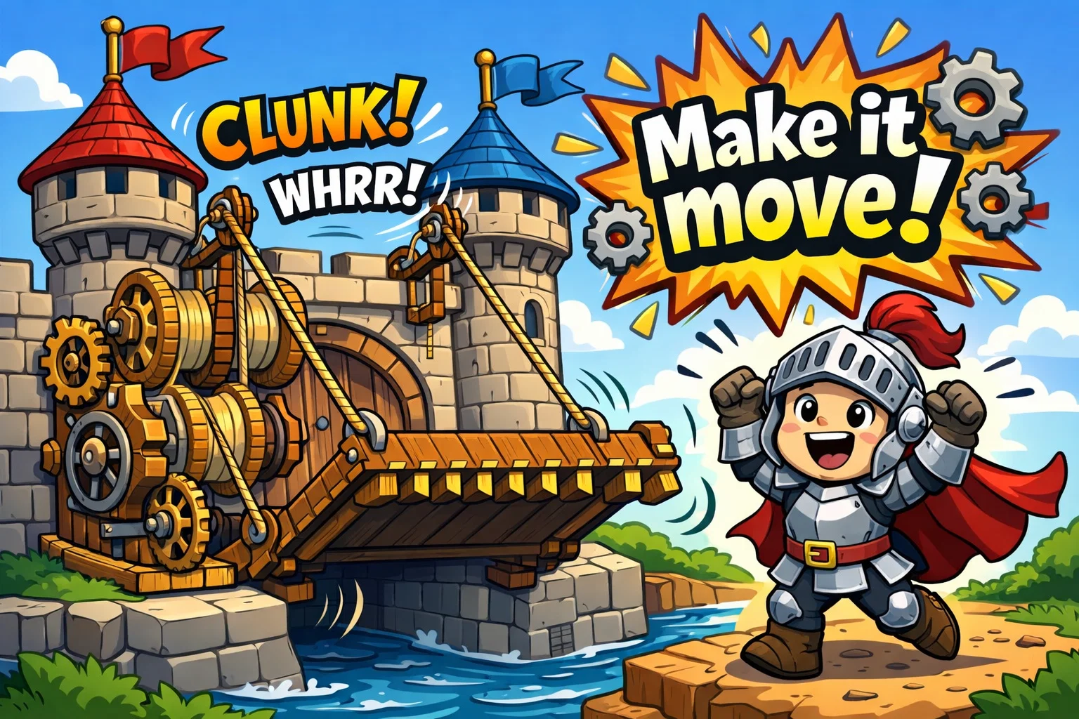 Playful cartoon of a handmade castle drawbridge project reflecting creative engineering themes for kids.