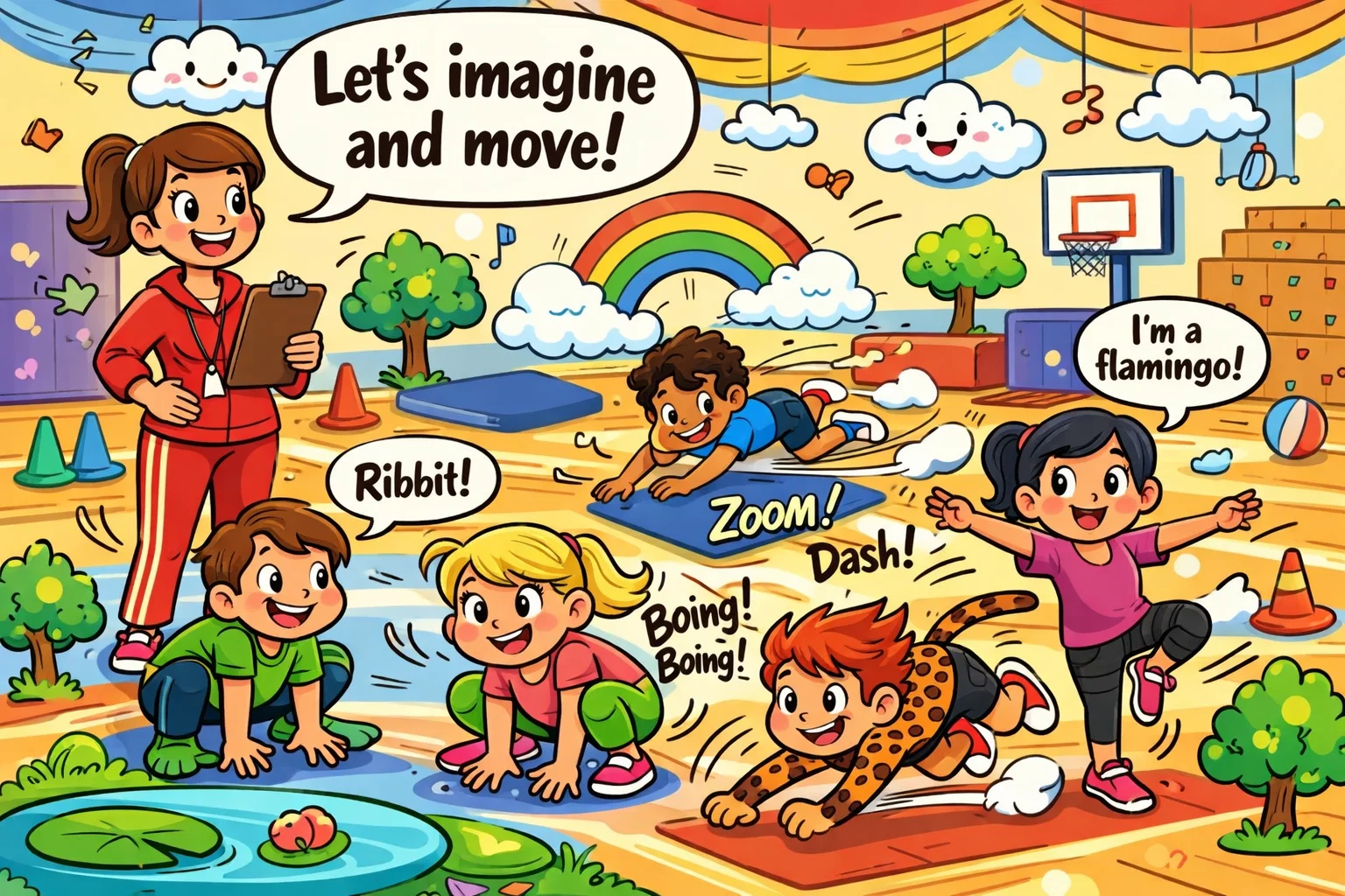 Creative PE activities for kids with animal movements and imaginative play.