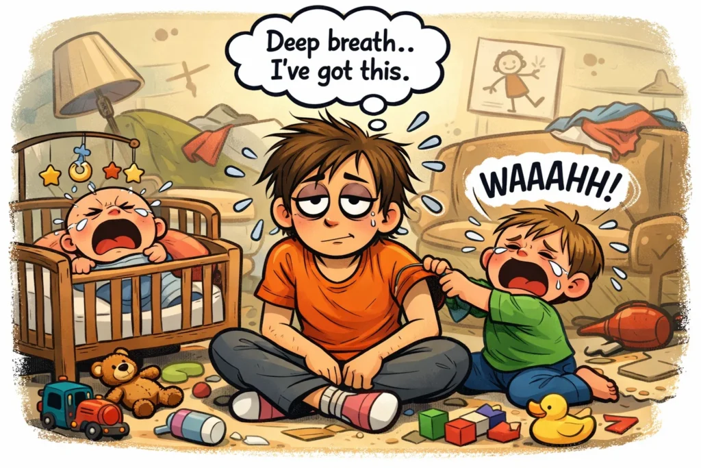 Crying baby and crying toddler with exhausted parent feeling overwhelmed at home.
