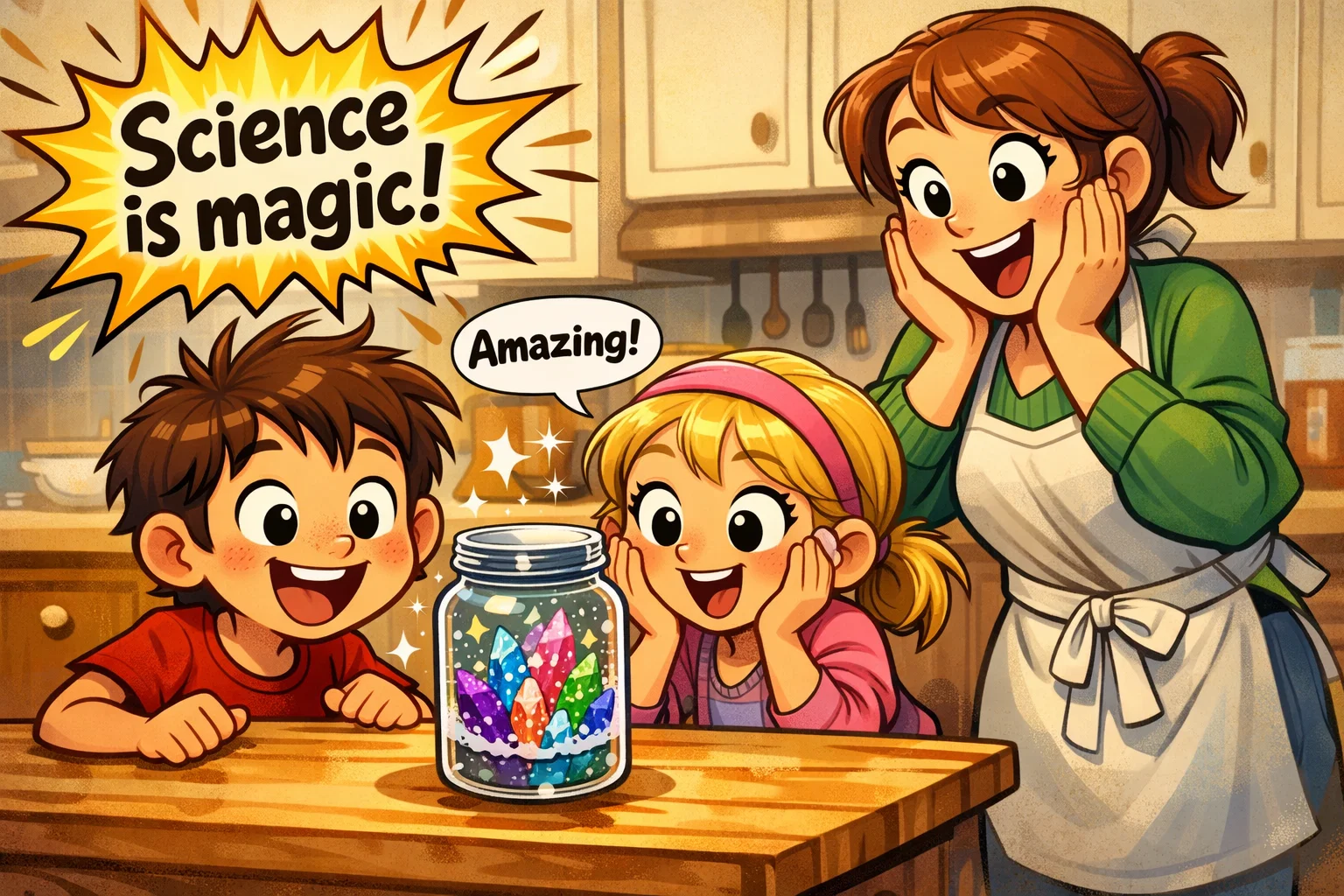 A playful cartoon of children growing colorful crystals in a home kitchen with a proud parent.