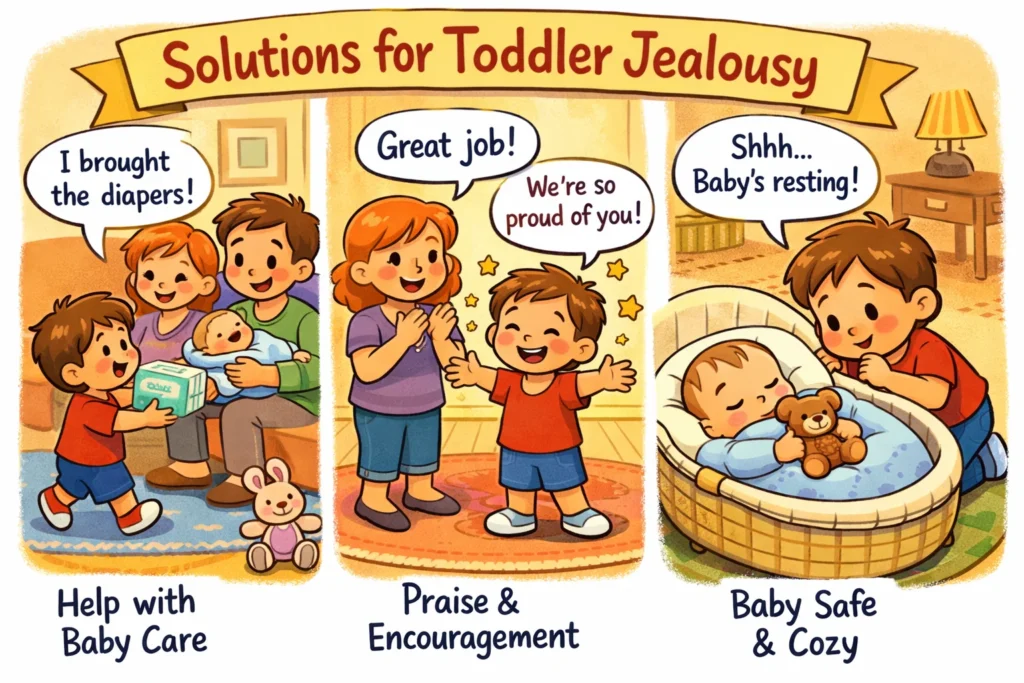 Daily solutions for toddler jealousy shown through positive sibling interaction.

