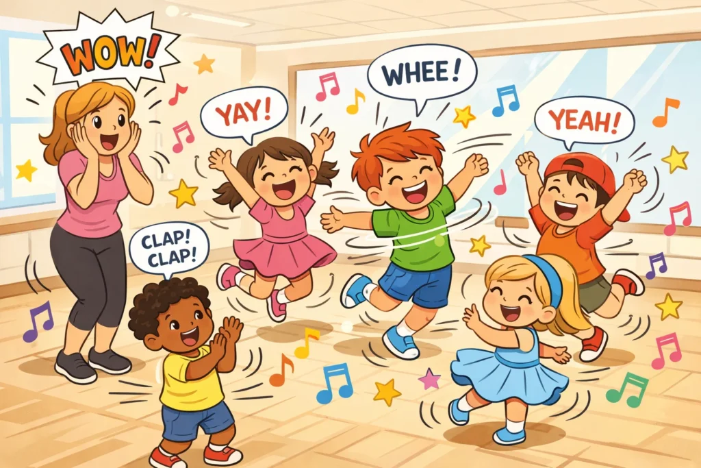 Dance activities for kids enjoying movement and joyful group dancing.