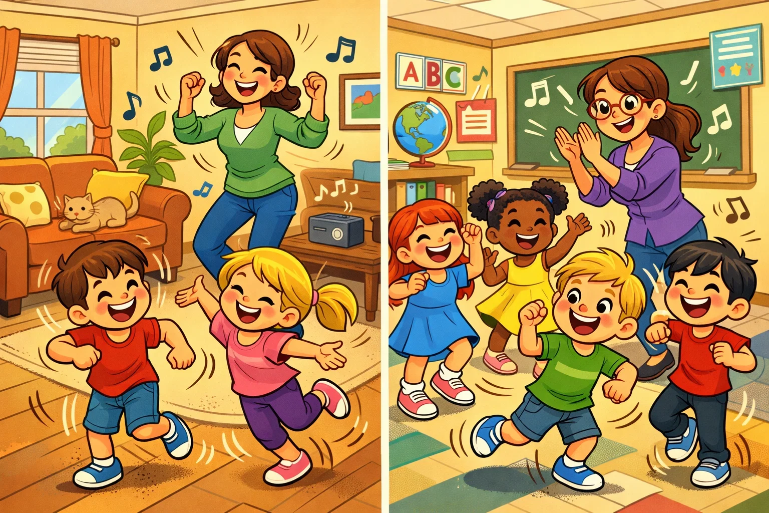 Dance activities for kids at home and classroom with group movement.