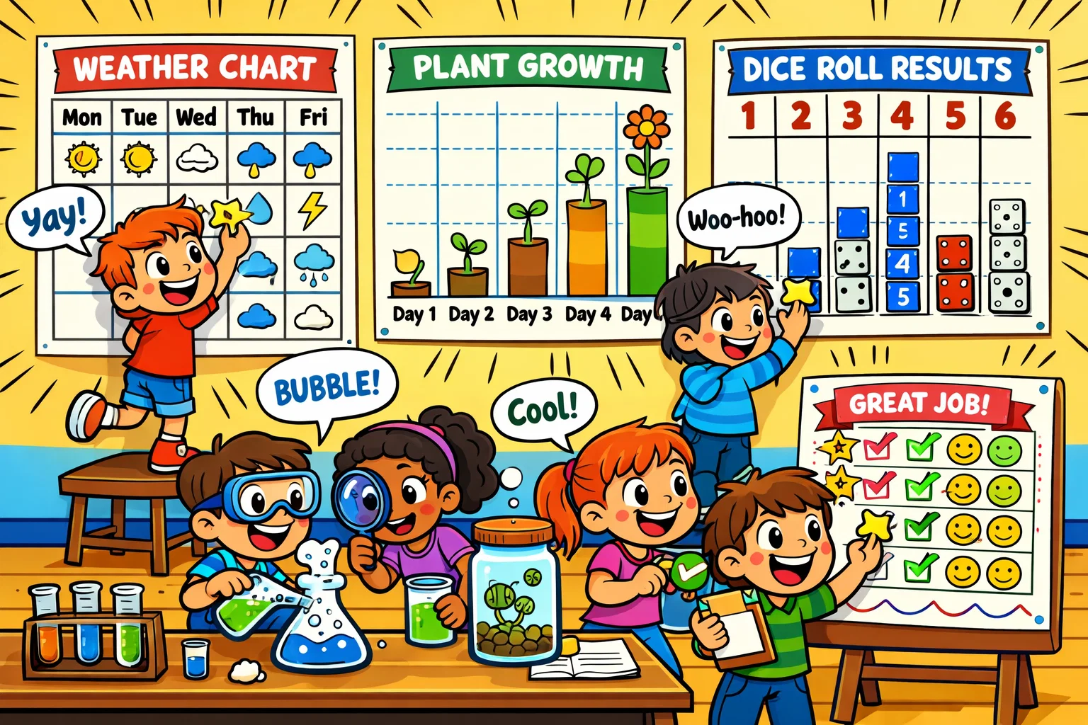 Data collection charts kids experiments with children recording results in simple science activities.