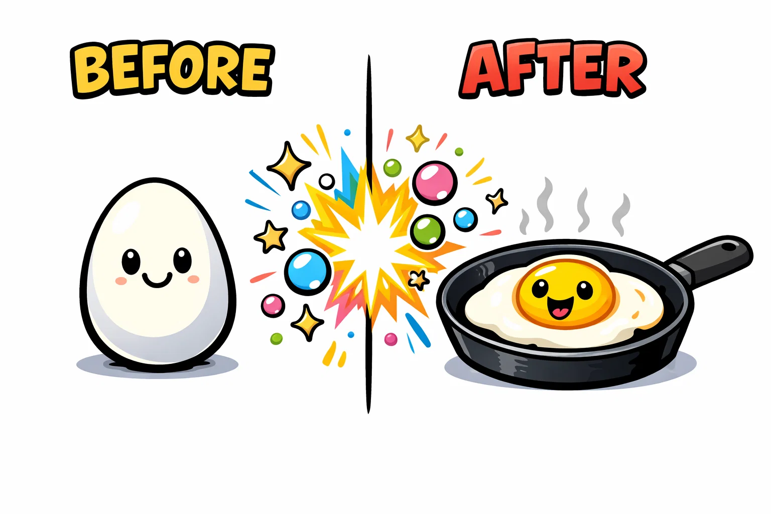 Playful cartoon comparison of an egg before and after a chemical change with colorful sparkles and bubbles.