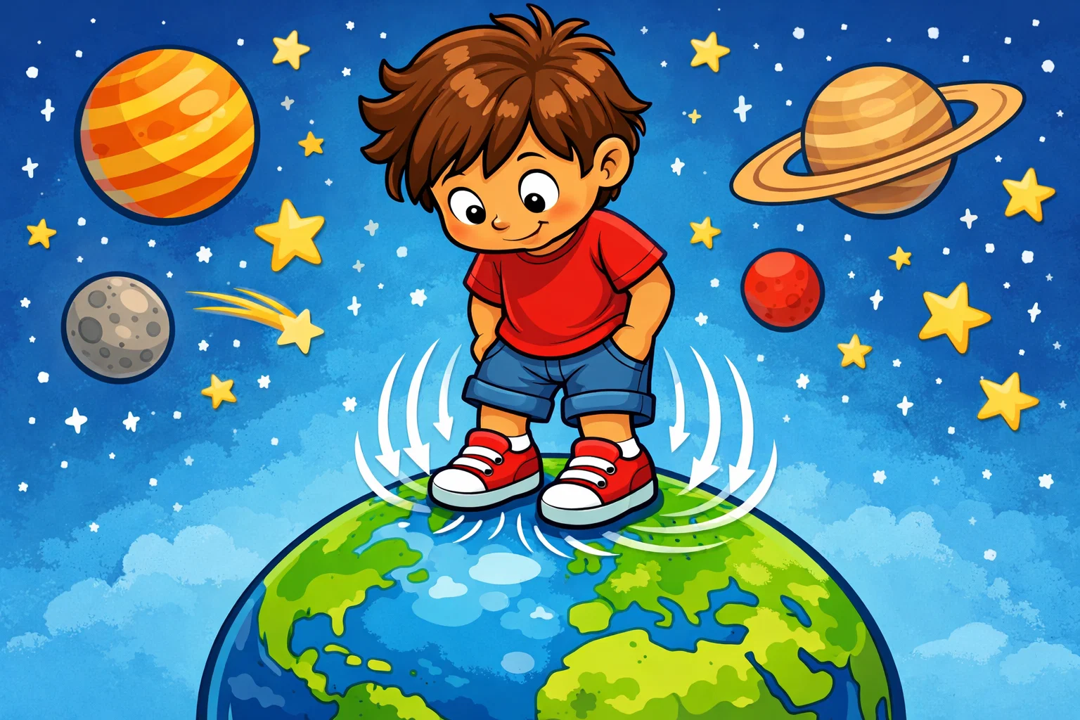 Cartoon child standing on Earth exploring the invisible pull of the planet in a playful comic style.