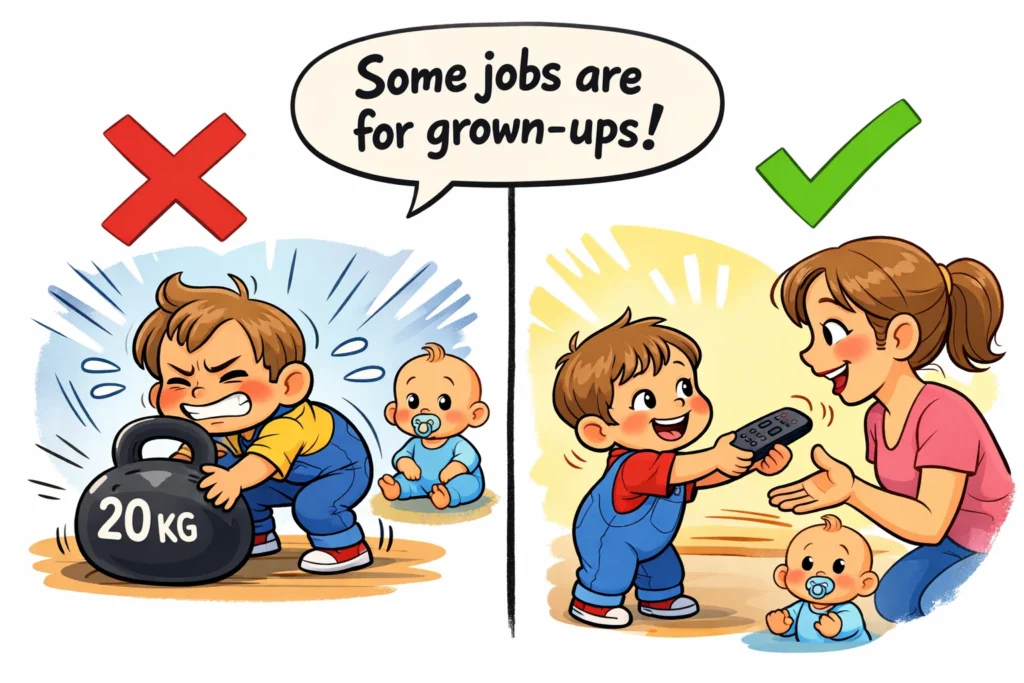 Developmental limits toddler helpers have when helping with baby.