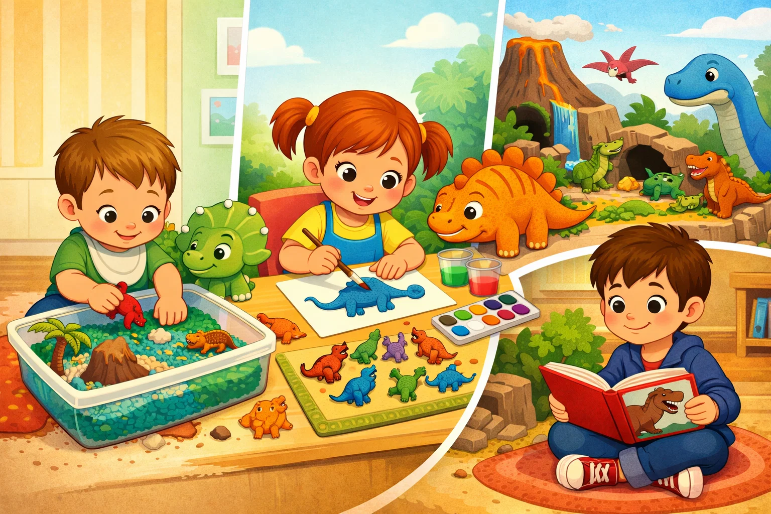 Dinosaur activities by age group for toddlers, preschool, and young kids.