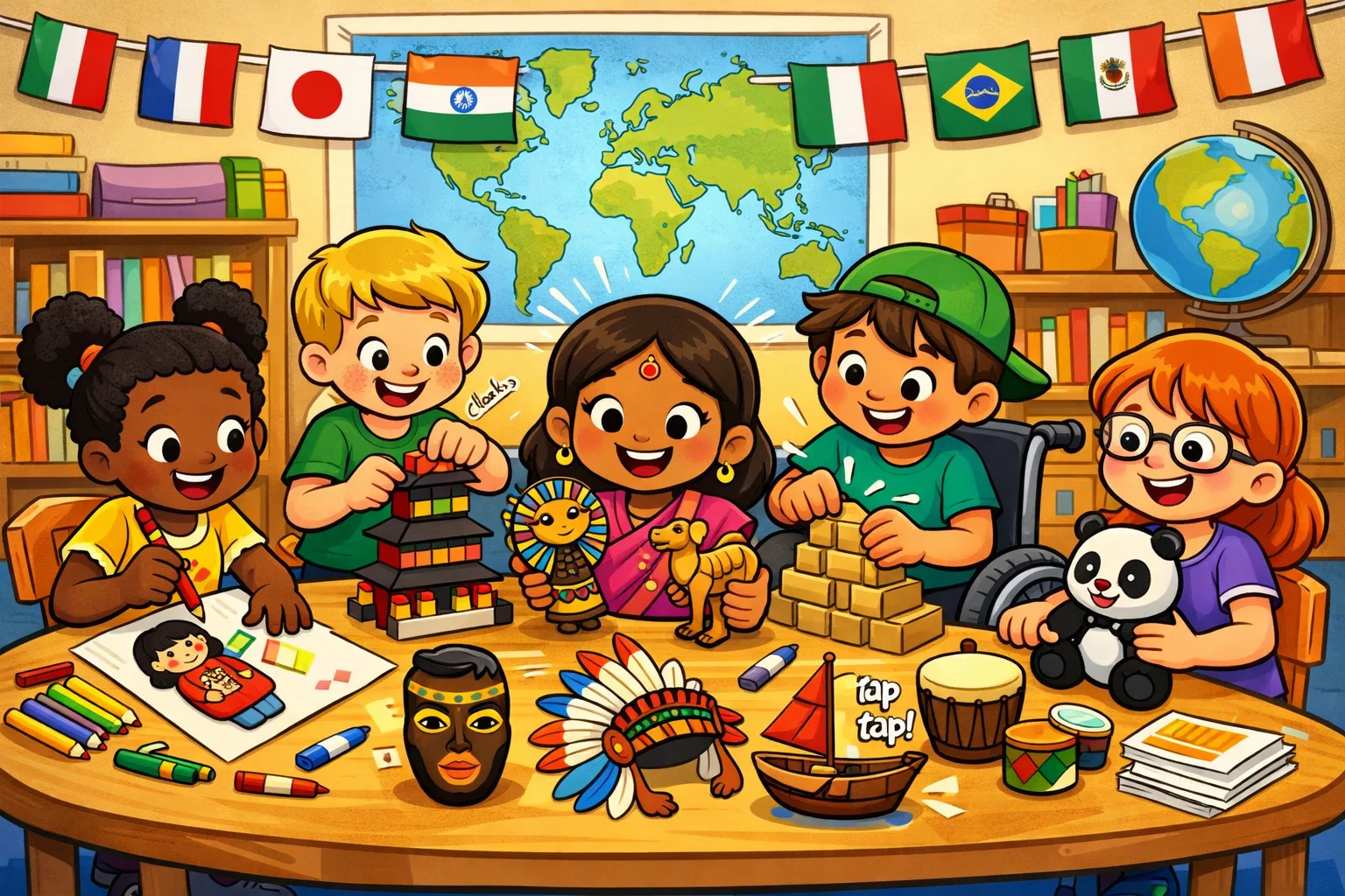 Diversity activities for kids in classroom with children playing, drawing, and learning together.