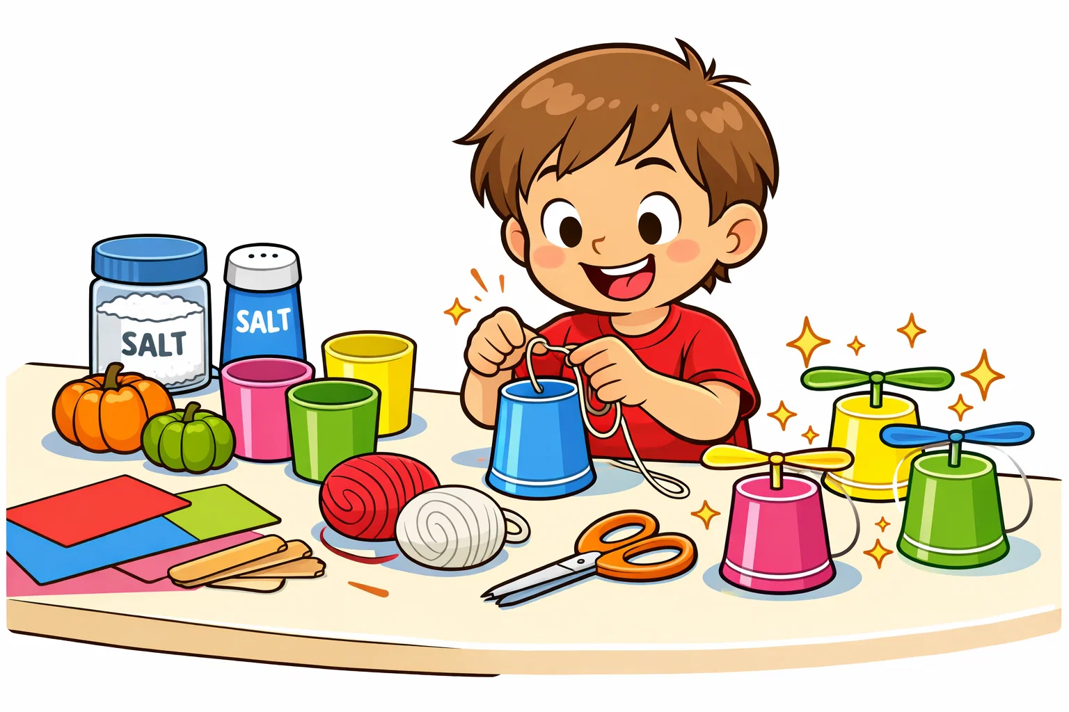 Cartoon of colorful DIY pendulum projects like salt painting and pumpkin bobs on a bright craft table.