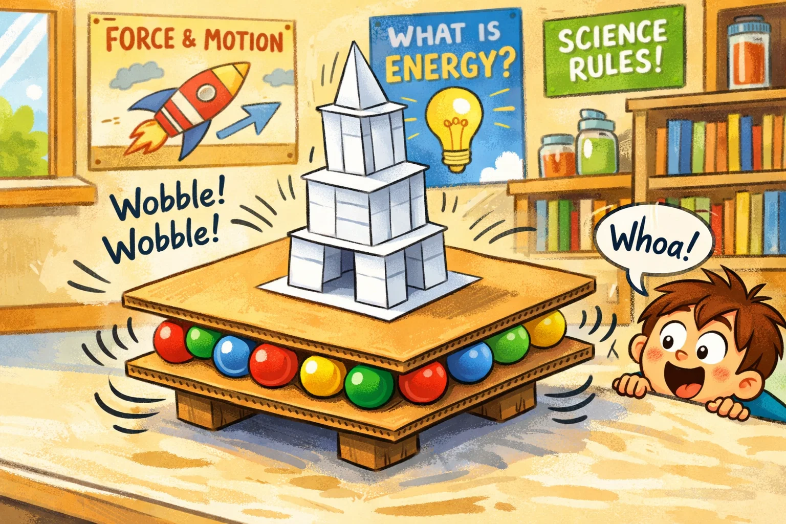 A playful cartoon of a DIY shake table in a sunny science lab simulating an earthquake for a paper tower. A playful cartoon of a DIY shake table in a sunny science lab simulating an earthquake for a paper tower.