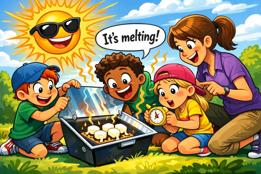 Kids doing solar oven smores test and watching marshmallows melt.