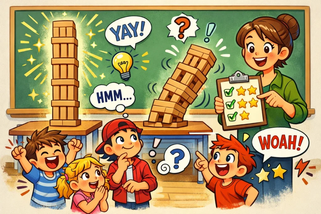 Earthquake building assessment showing students comparing tested structures.
