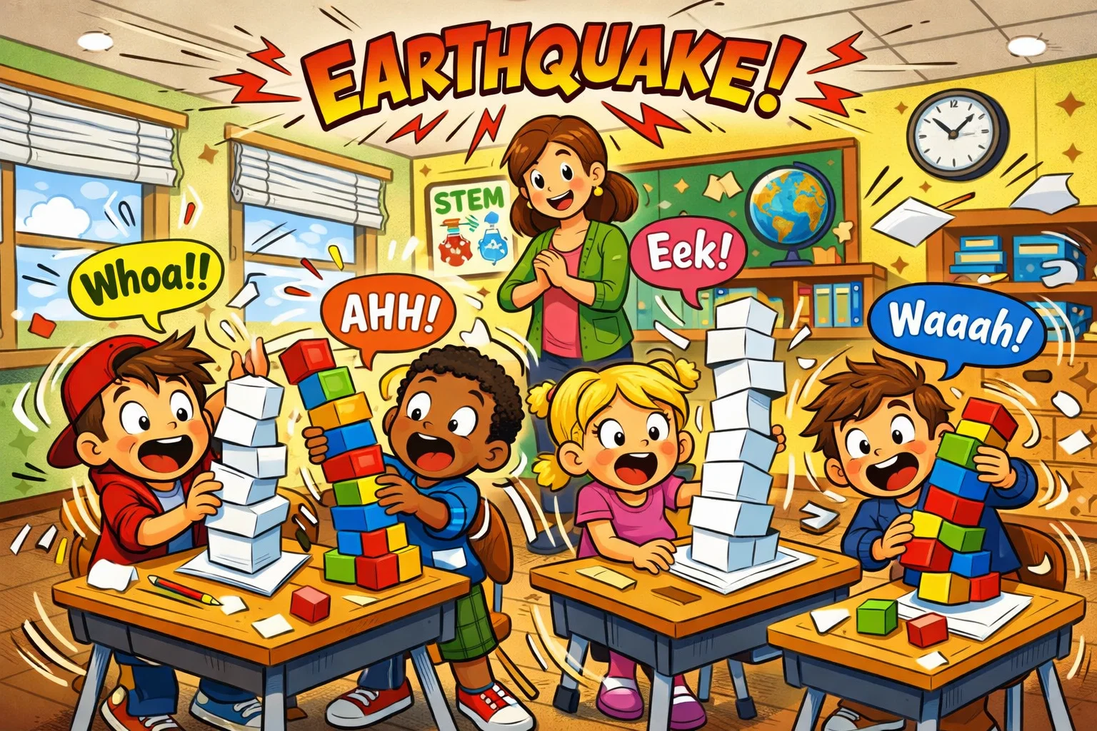 Kids testing earthquake proof building challenge during hands-on STEM activity.