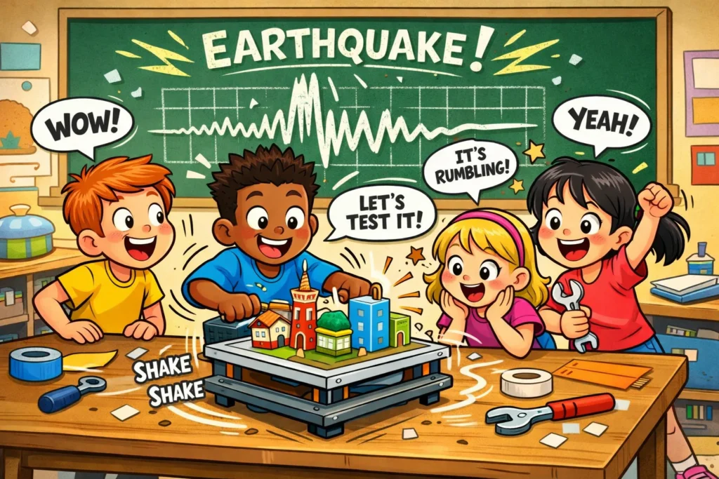Earthquake STEM challenge overview showing students building and testing structures.

