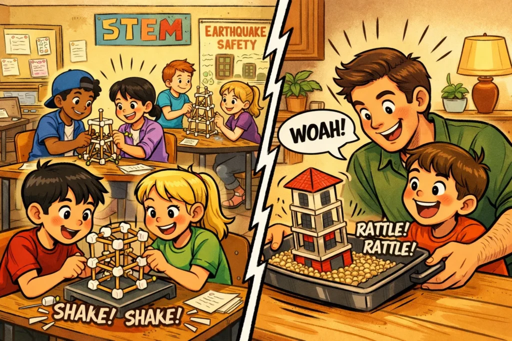 Earthquake STEM classroom and home activity with kids building structures.
