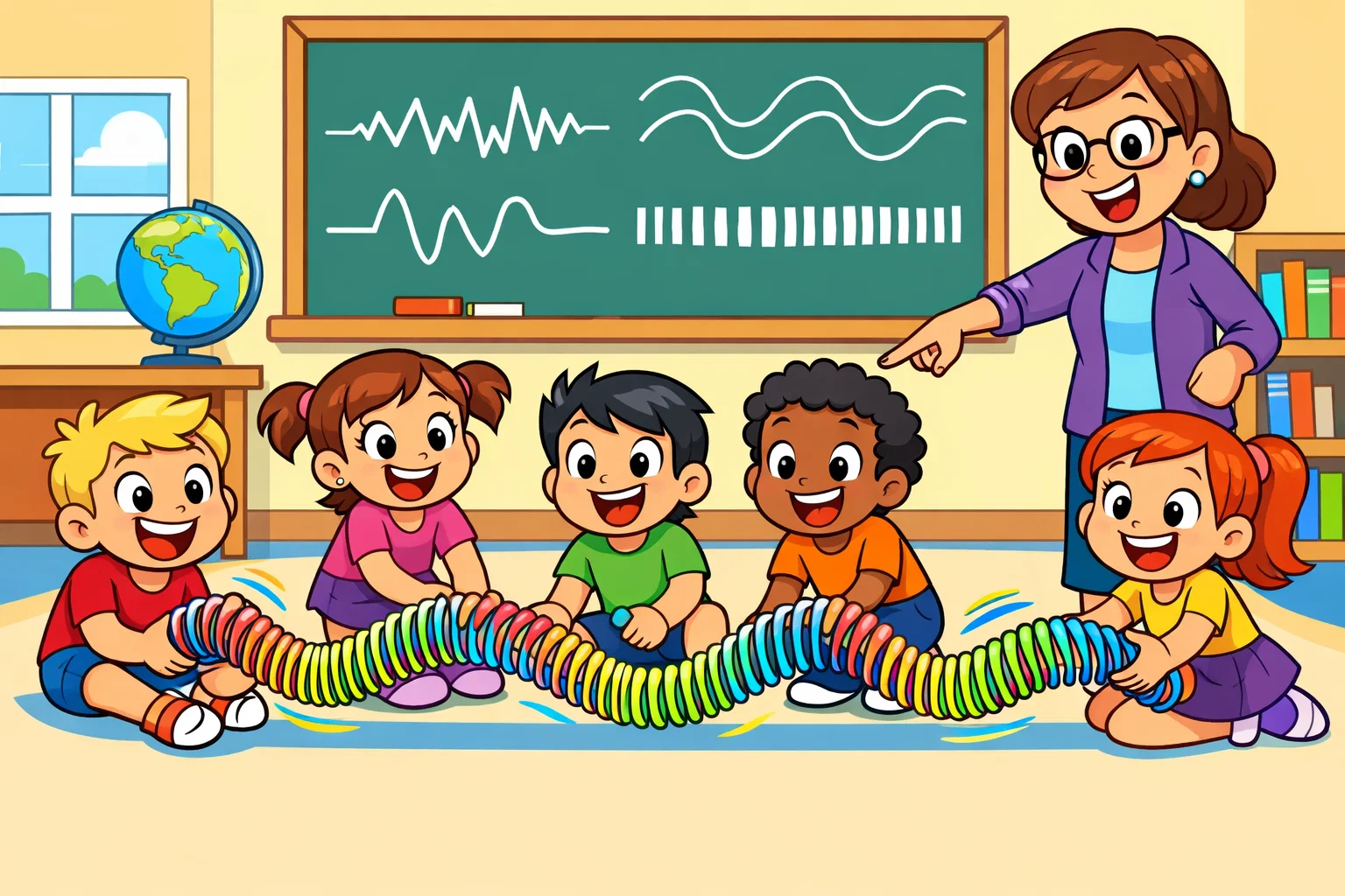 Earthquake wave experiment slinky kids learning seismic waves in classroom.