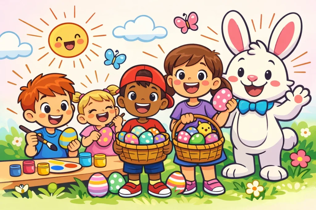 Easter activities for kids enjoying crafts games and creative Easter play.