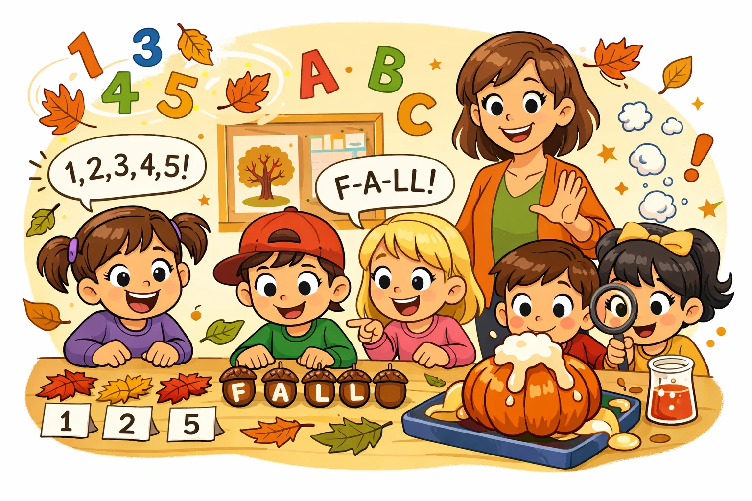 Educational autumn activities for kids learning with leaves and pumpkins.