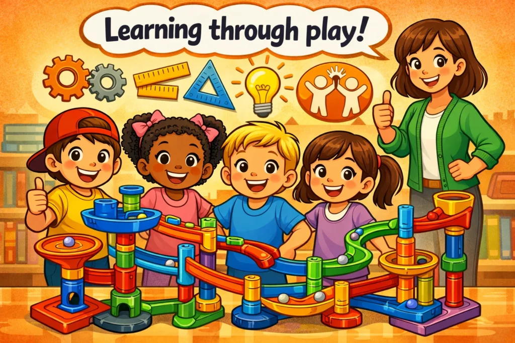 Educational benefits of marble run challenge for kids learning through play.
