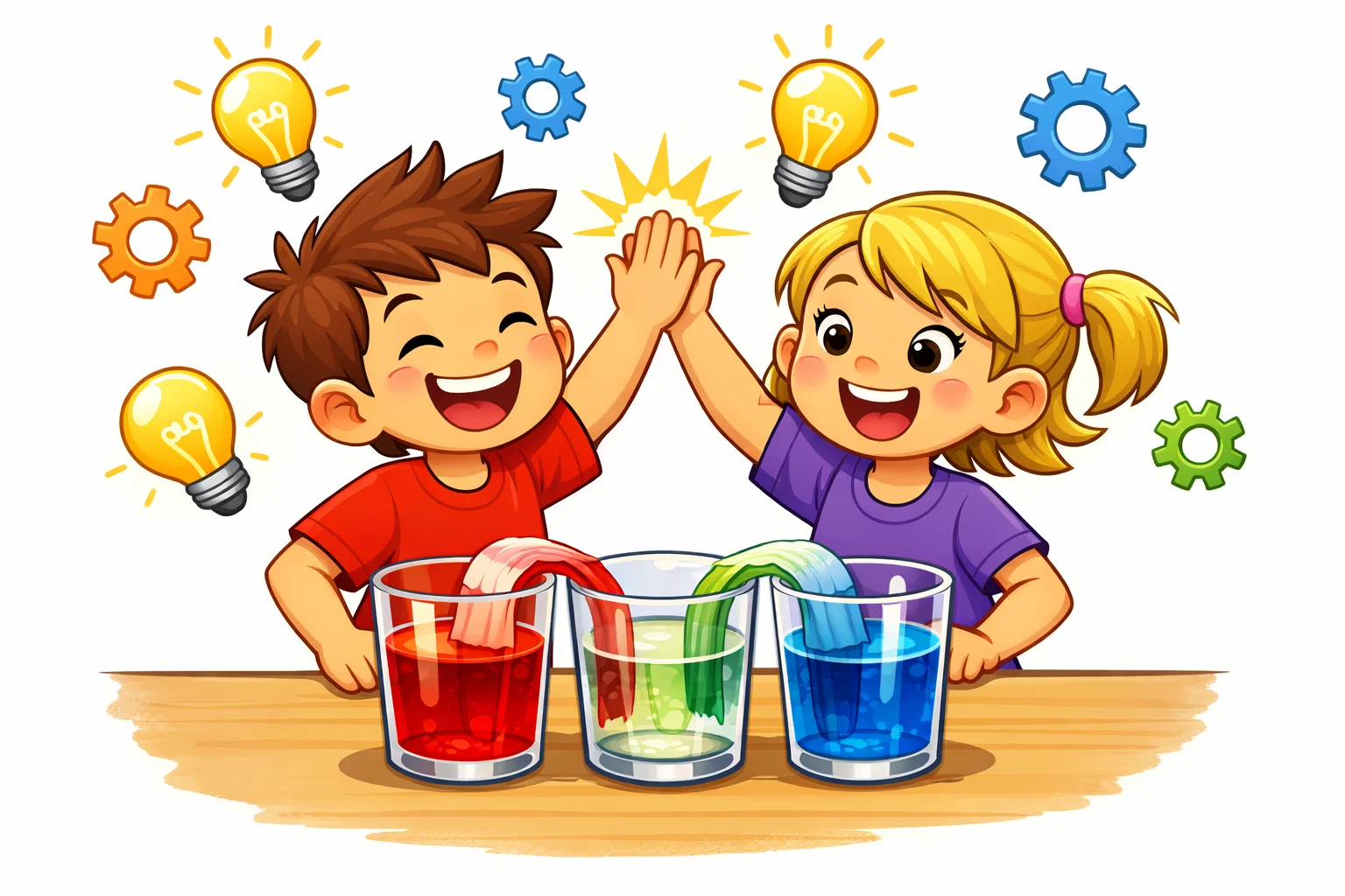 Cartoon of happy children celebrating their science discovery in a classroom setting with floating idea symbols. Cartoon of happy children celebrating their science discovery in a classroom setting with floating idea symbols.