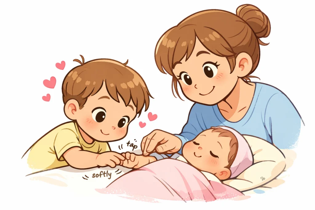 Encouraging safe affection and interaction between toddler and newborn with guidance.