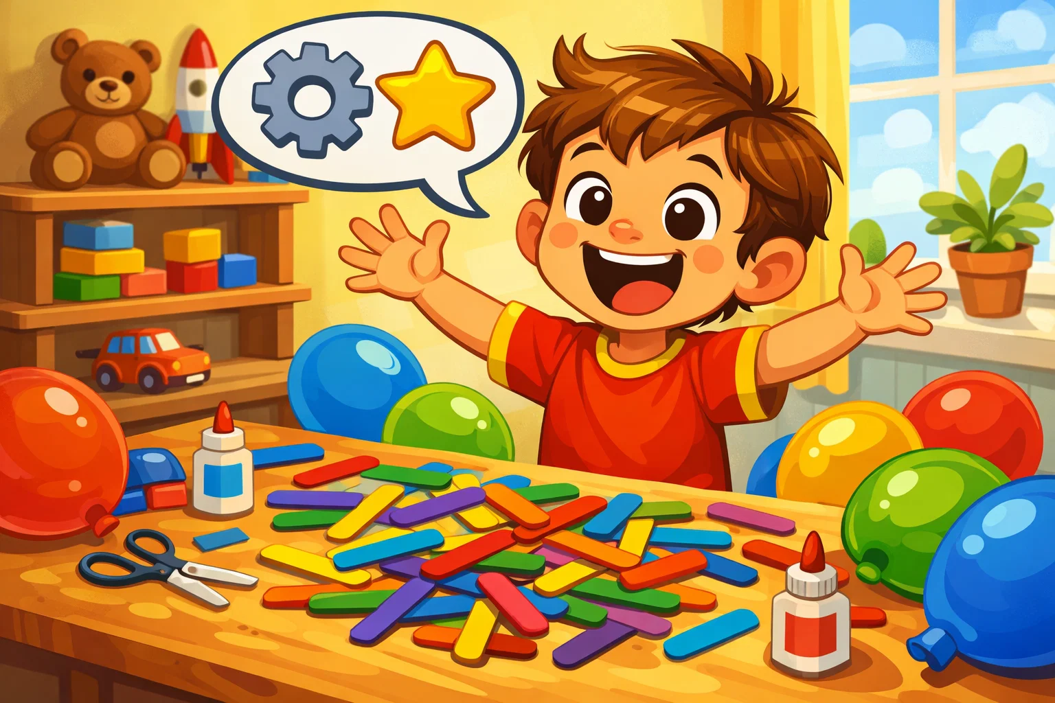 Cartoon of a happy child with popsicle sticks and balloons in a bright, friendly room. Cartoon of a happy child with popsicle sticks and balloons in a bright, friendly room.