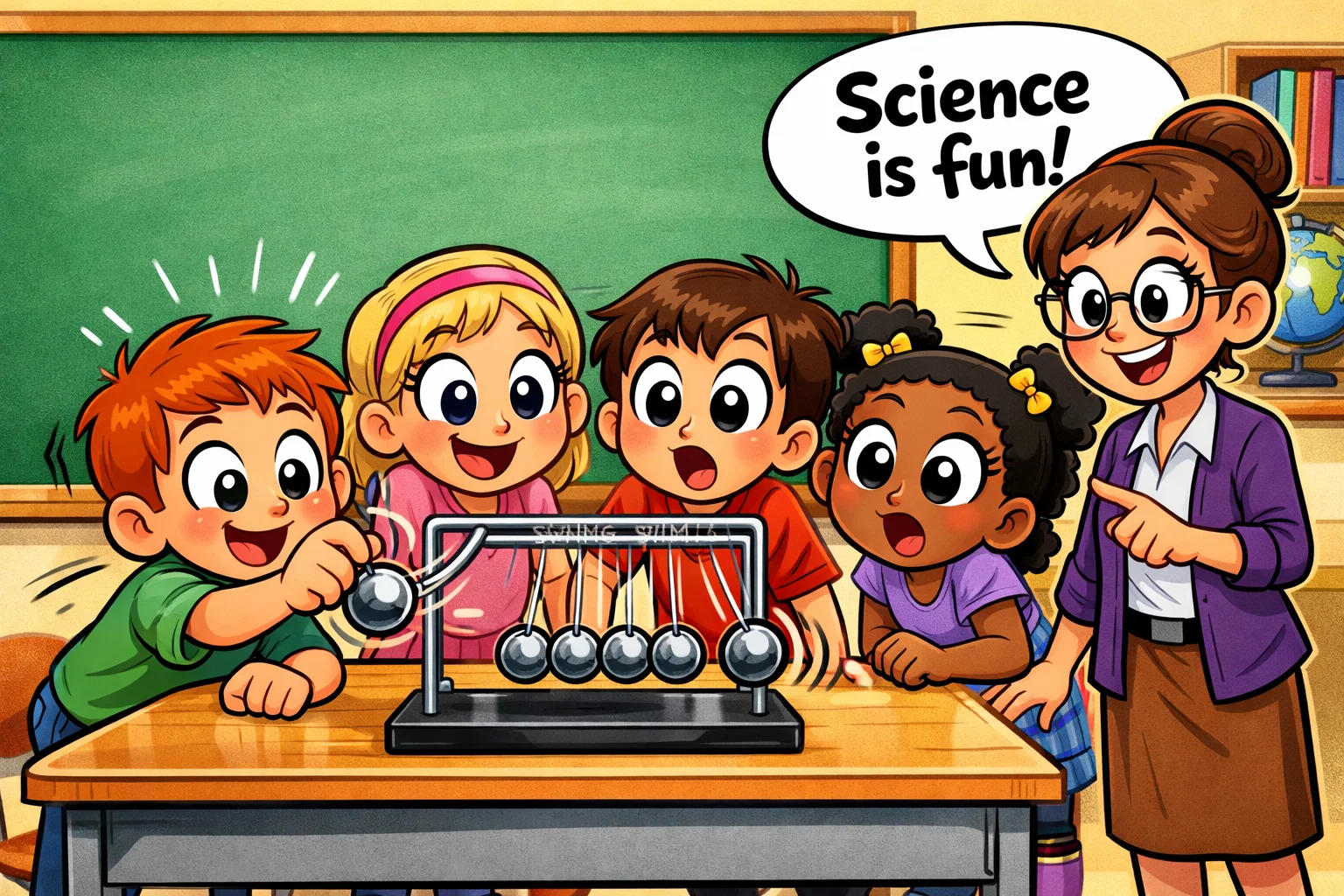 A playful cartoon showing kids and a teacher experimenting with a Newton's cradle to learn about energy transfer.