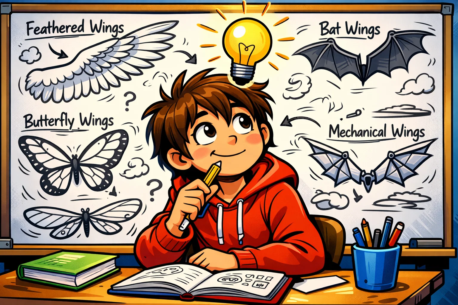 Cartoon student brainstorming wing designs with a lightbulb icon in a bright classroom setting. Cartoon student brainstorming wing designs with a lightbulb icon in a bright classroom setting.