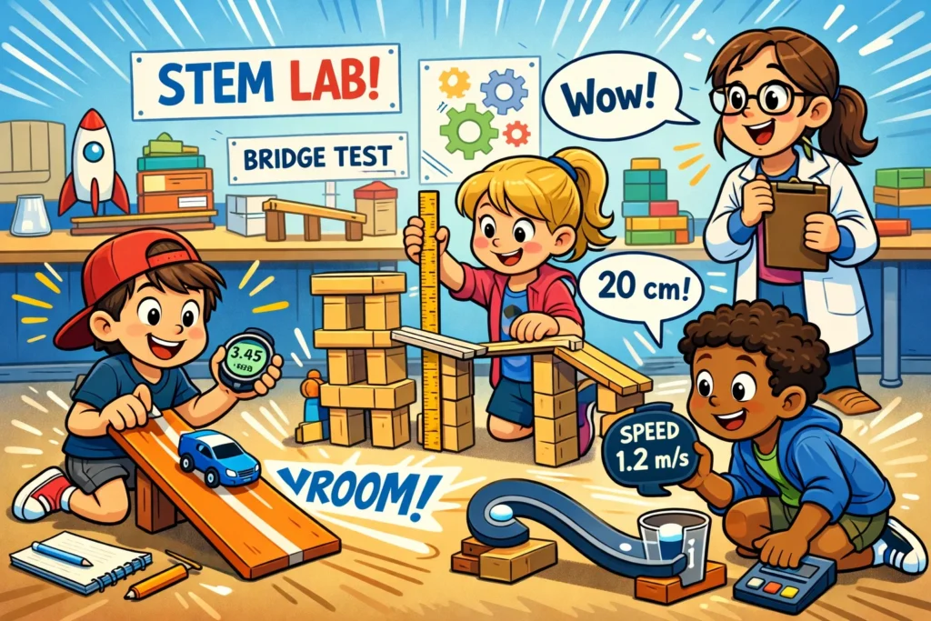 Engineering STEM metric challenges for kids measuring distance height and speed.
