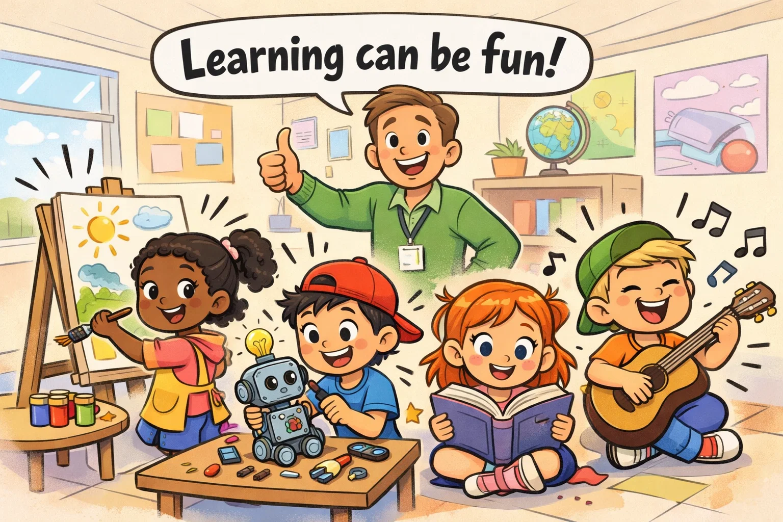 Enrichment activities for kids with art, science, and teamwork in a playful classroom.