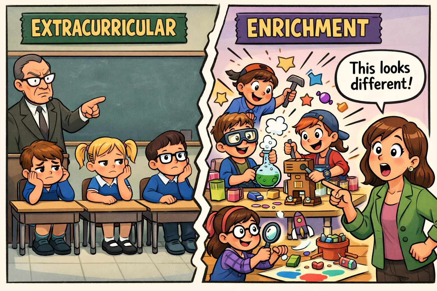 Difference between enrichment activities and extracurricular activities shown side by side.