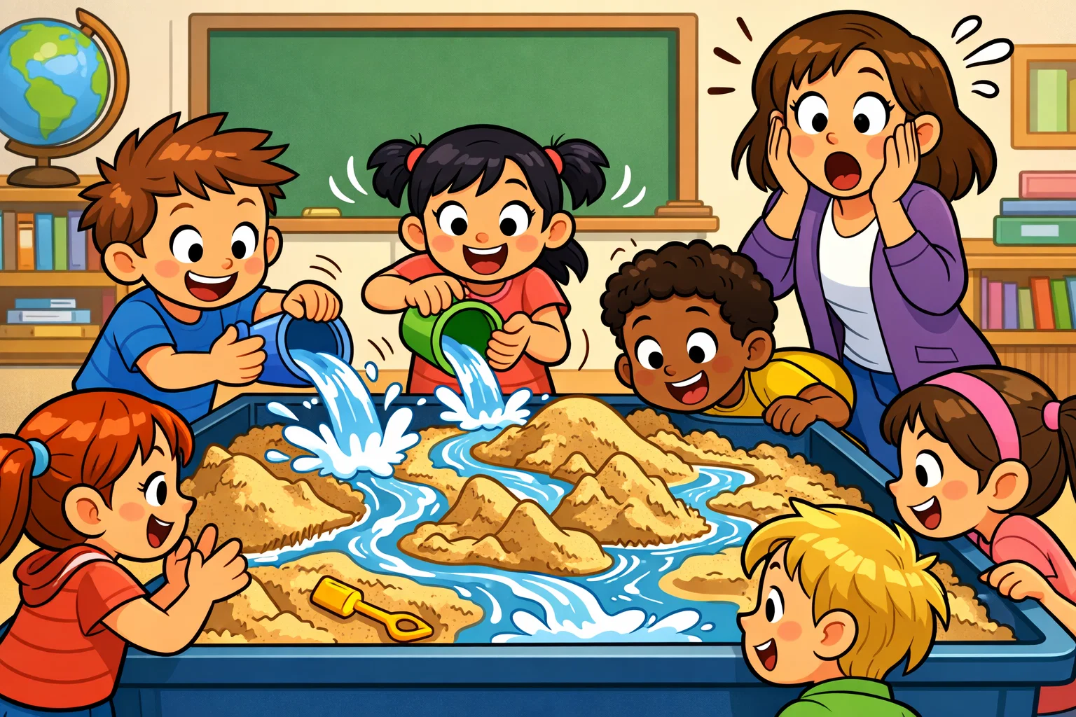 Erosion experiments for kids with sand and water in a playful classroom science setup.