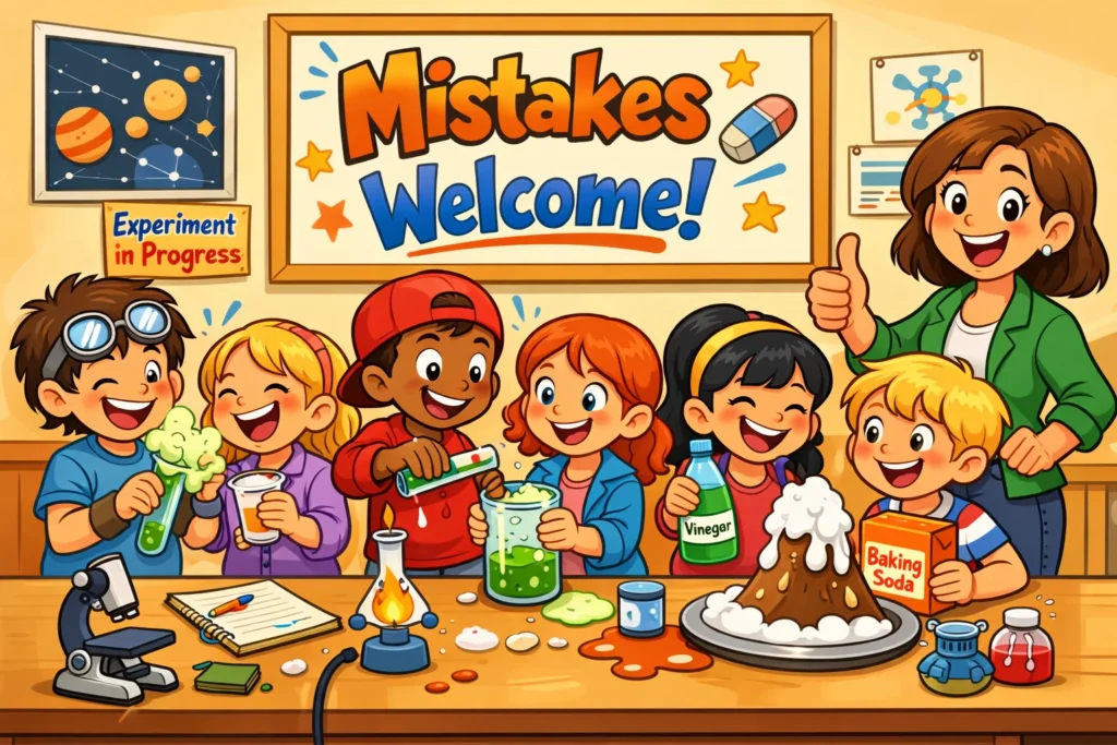 Error friendly experiment environment for kids encouraging retry and positive learning.
