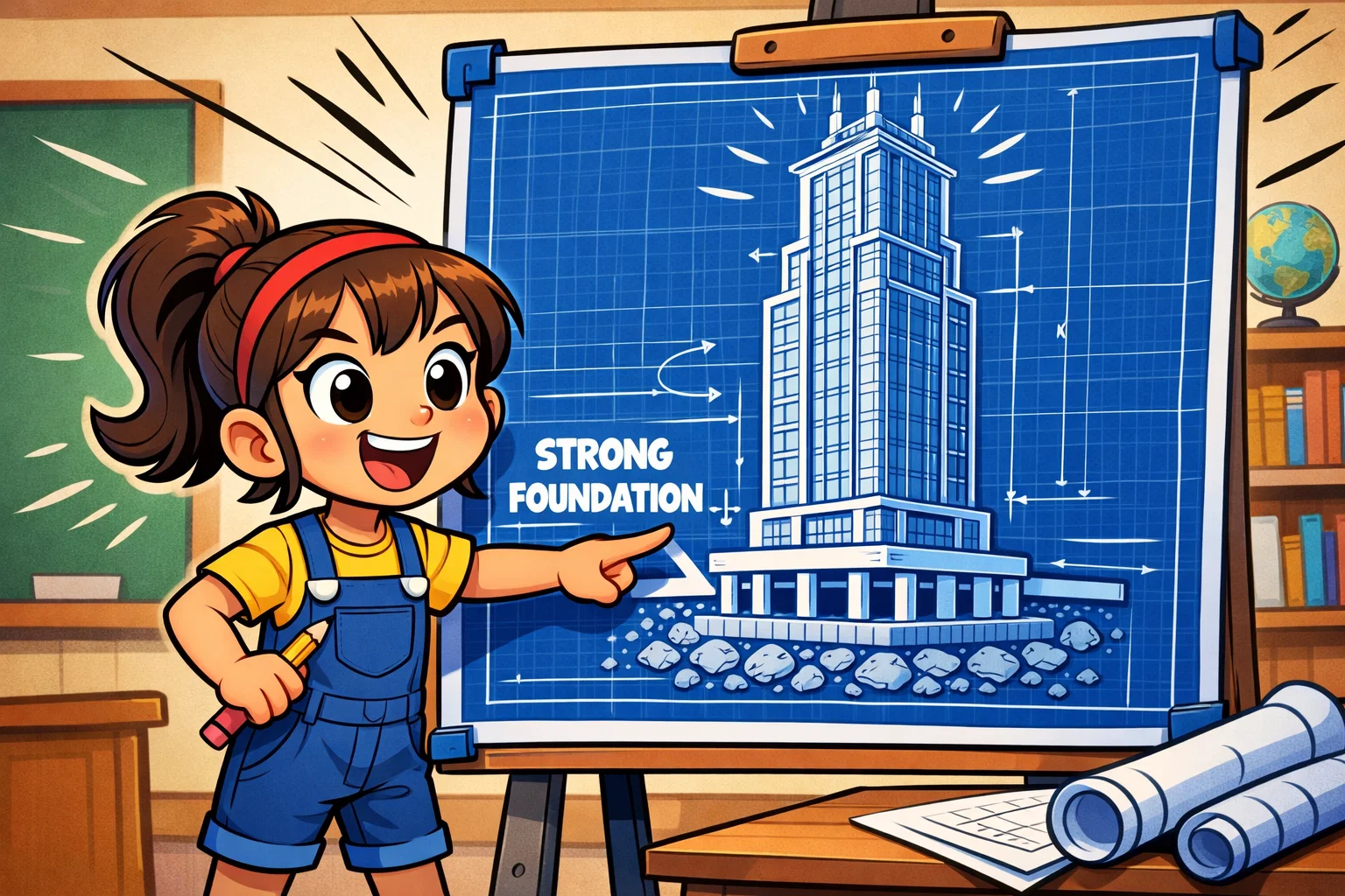 A playful cartoon girl pointing to a skyscraper blueprint in a classroom with happy expressions. A playful cartoon girl pointing to a skyscraper blueprint in a classroom with happy expressions.