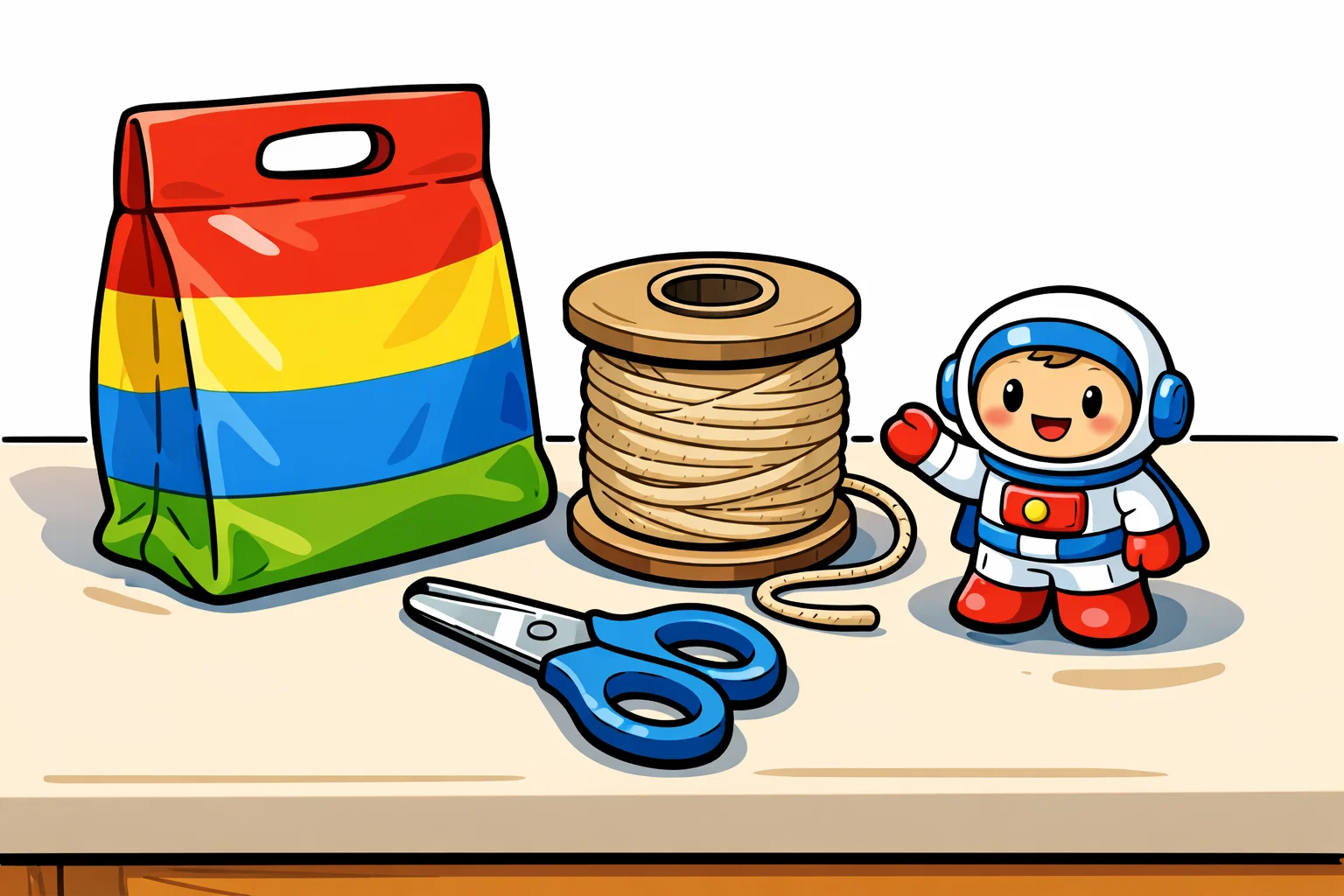 Playful cartoon showing supplies for building a parachute including a plastic bag, string, and scissors.