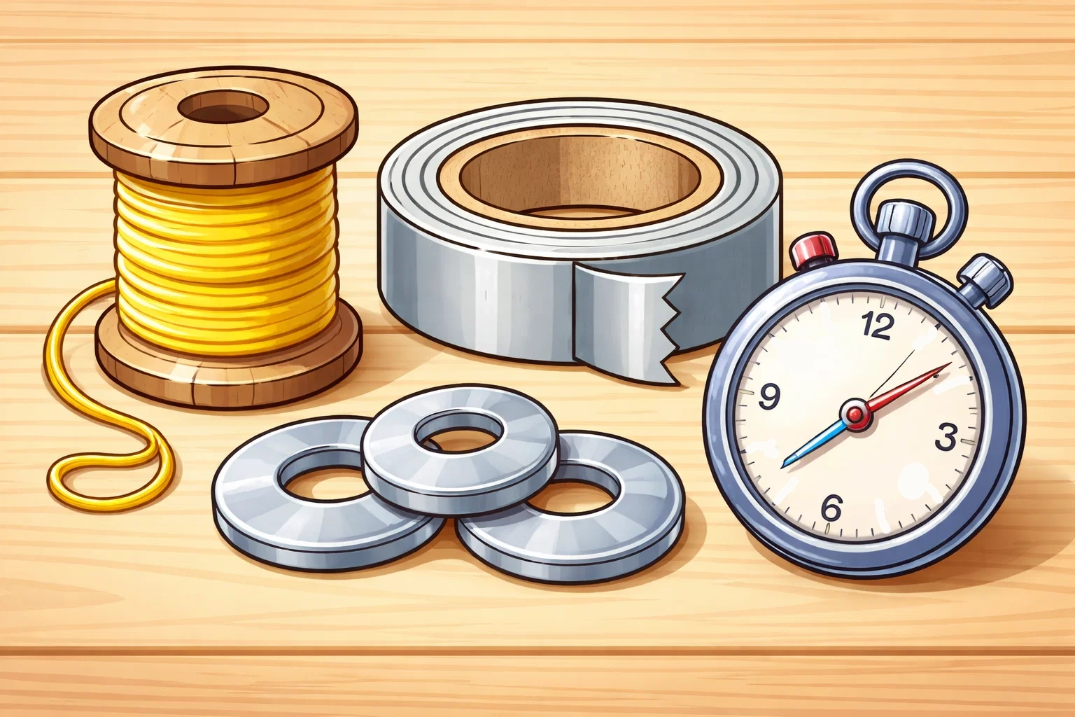 Cartoon illustration of essential materials for pendulum experiments for kids at home like string and washers.
